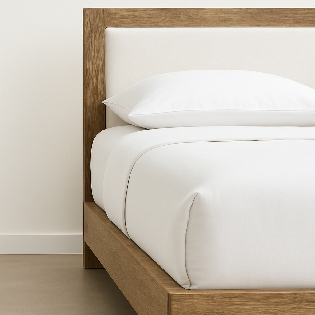Wooden bed with white bedding against a plain wall